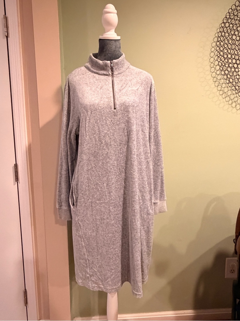 Coldwater Creek Velour Sweatshirt Dress Gray 1/4 Zip Mock Neck Pockets Large